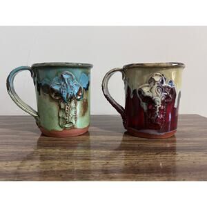 Spirit Song Studio Mug Lot of 2 RUSTIC CROSS Earthenware Stamped Drip Glaze